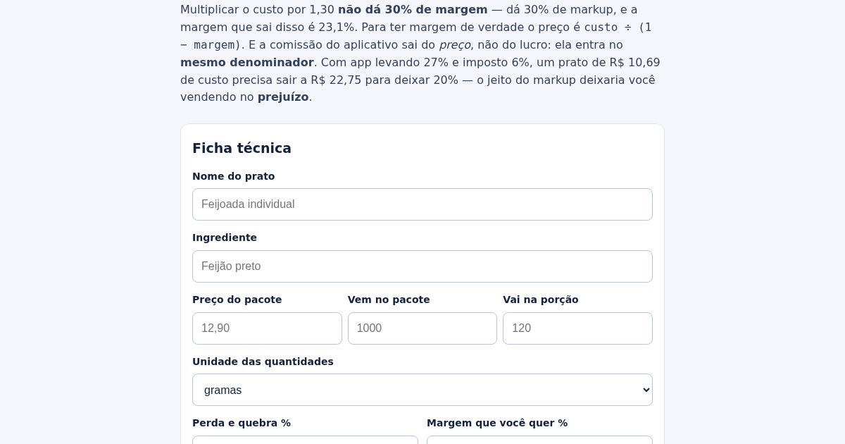 Calculadora de Preços de Pratos: Margem de Verdade, Comissão e Imposto